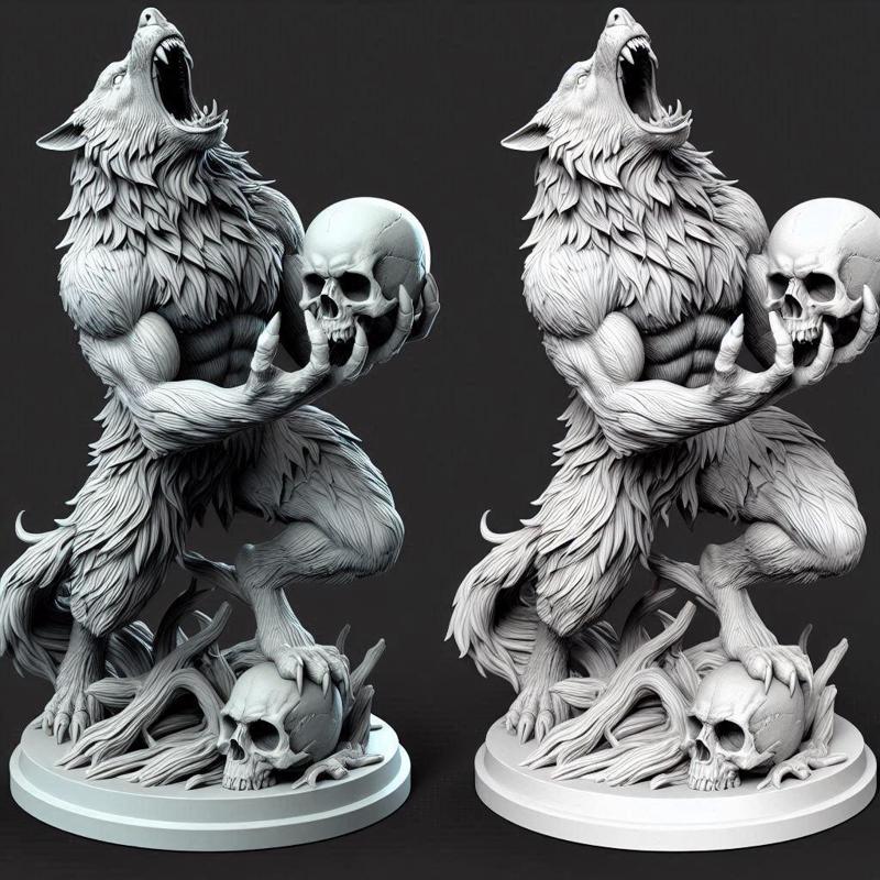 1881 Howling Werewolf with Skull - 3D Printed Statue, magic, dragon, serpent, mask, gnome, gorgon, venetian carnival, wild, fox, monster, cat, fair, witch, werewolf, horror, beast, snake, troll, skeleton dance