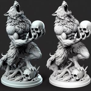 1881 Howling Werewolf with Skull - 3D Printed Statue, magic, dragon, serpent, mask, gnome, gorgon, venetian carnival, wild, fox, monster, cat, fair, witch, werewolf, horror, beast, snake, troll, skeleton dance