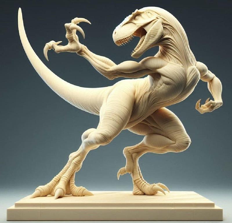 206 Minimalist Fighting Raptor - Ivory-Style Dinosaur in Combat Stance