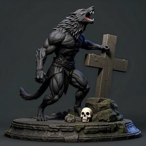 1716 COLORFUL Werewolf Howling with Skull - 3D Model, beast, magic, creature, fantasy, wood, base, sword, warrior, wild, cat, monster, dog, godzilla, fair, witch, werewolf, horror, beast, gothic, troll