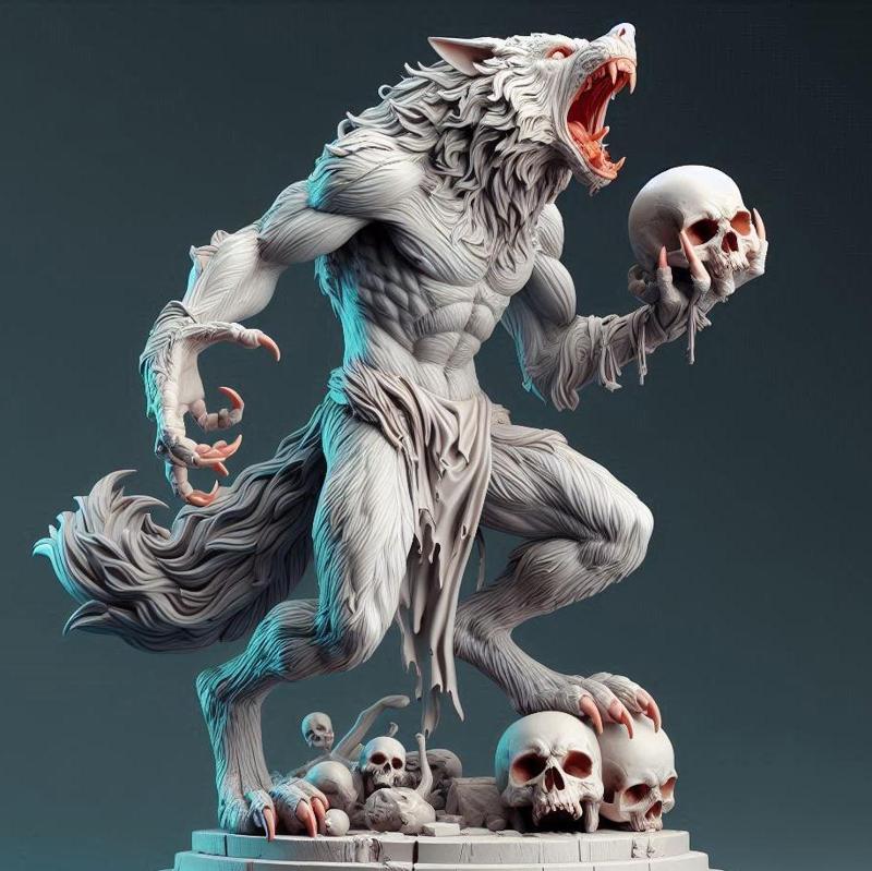 1735 COLORFUL Werewolf Howling with Skull - 3D Model, magic, fox, kung fu, shapeshifter, martial arts, fantasy, Pu Song Ling, warrior, mystic, legend, monster, fair, witch, werewolf, horror, beast, snake, troll, skeleton dance