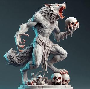 1735 COLORFUL Werewolf Howling with Skull - 3D Model, magic, fox, kung fu, shapeshifter, martial arts, fantasy, Pu Song Ling, warrior, mystic, legend, monster, fair, witch, werewolf, horror, beast, snake, troll, skeleton dance