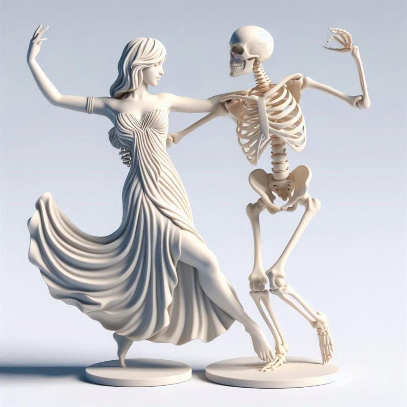 1765 Tango of Life and Death - 3D-Printed Ivory-Style Minimalist Statues, magic, dragon, serpent, mask, gnome, gorgon, venetian carnival, wild, fox, monster, cat, fair, witch, werewolf, horror, beast, snake, troll, skeleton dance