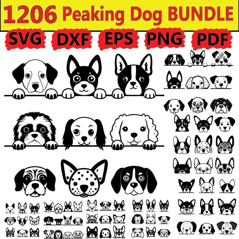 1206 different peaking dog breeds bundles svg, dxf, eps, png, pdf, file