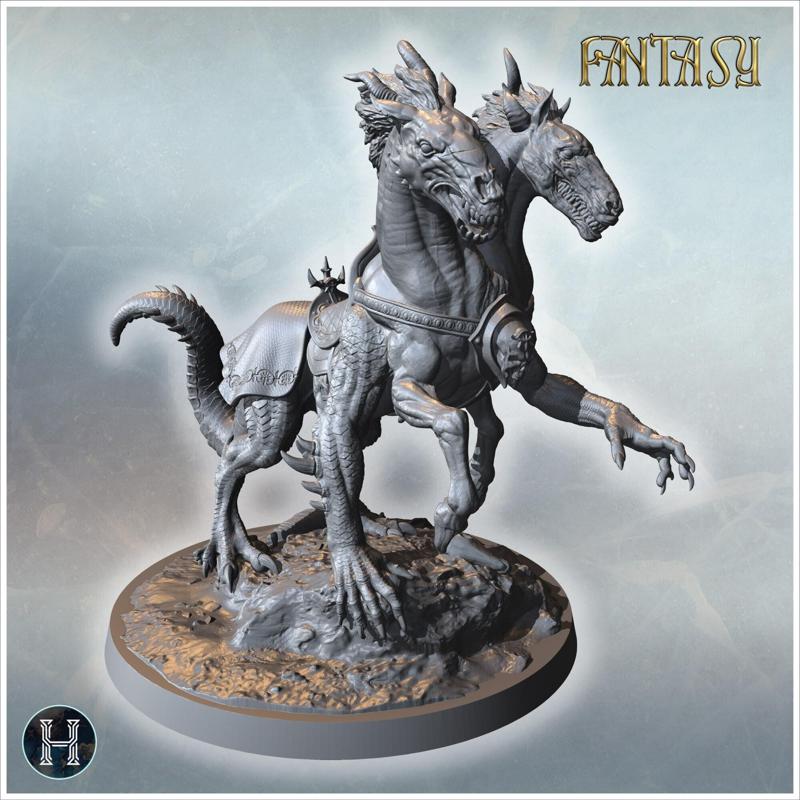 Two-headed dragon-like beast with detailed scales, sharp claws, and decorative saddle (40= - Medieval Fantasy Magic Feudal Old Archaic Saga 28mm 15mm