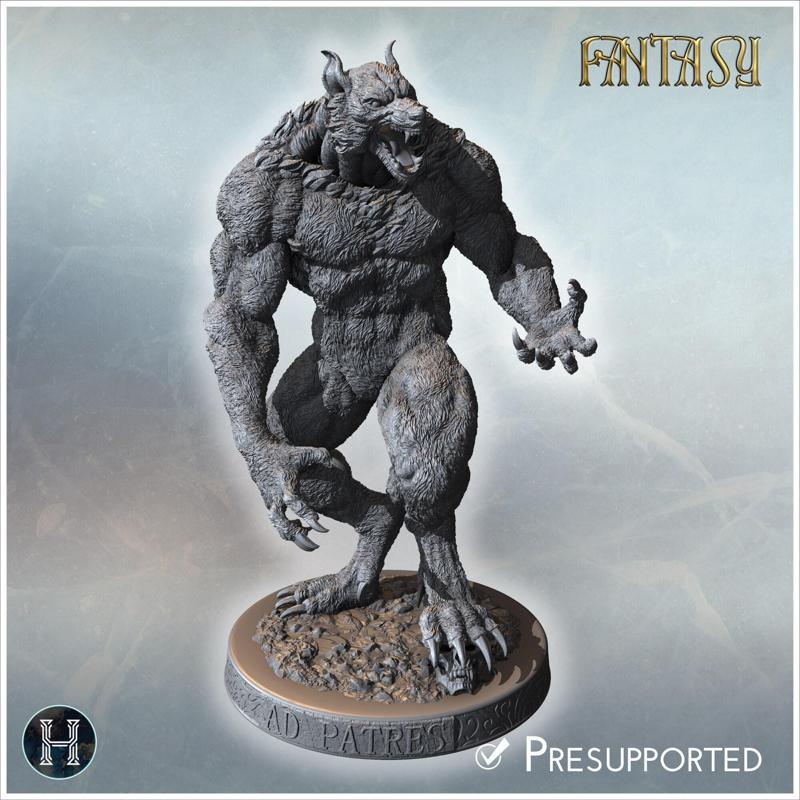 Werewolf with sharp claws, fierce expression, and muscular build on a detailed circular base (29) - Medieval Fantasy Magic Feudal Old Archaic Saga 28mm 15mm
