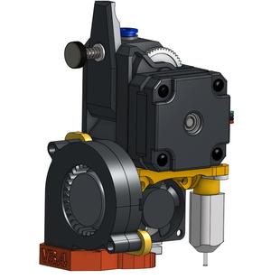 BMG mounted E3D V6 fan adaptor with Prusa layer cooler, and redesigned parts to fit PrinterMods direct drive bracket