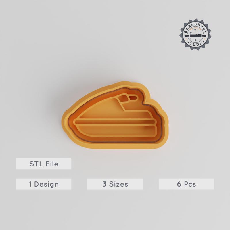 Jet Ski Shape Cutter & Stamp, Cookie Fondant Tool, Watercraft Design, 3 Sizes, 6 Piece Set