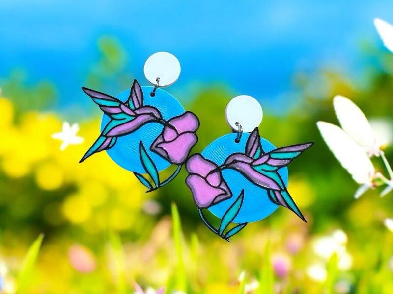 Hummingbird and flower earrings