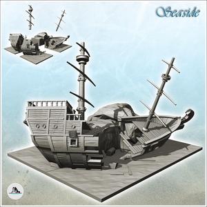 Carcass of wooden galleon on rock with two masts (2) - Pirate Jungle Island Beach Piracy Caribbean Medieval Skull Renaissance