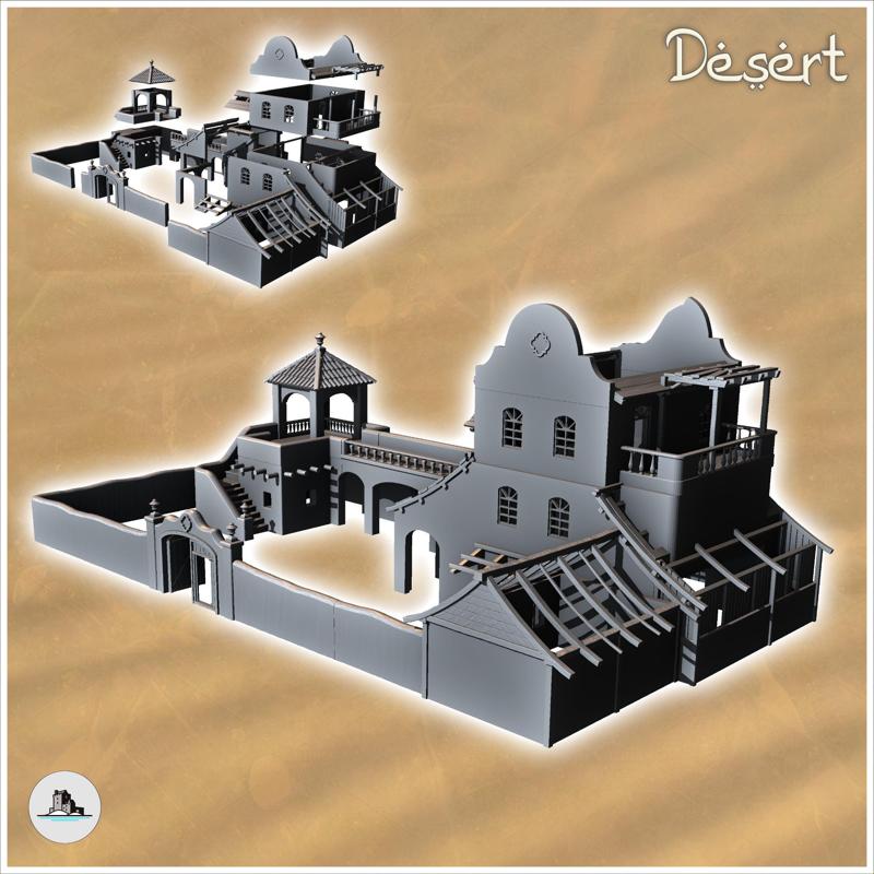 Oriental building with balcony, perimeter wall and corner tower (12) - Medieval Modern Oriental Desert Old Archaic East 28mm 15mm RPG