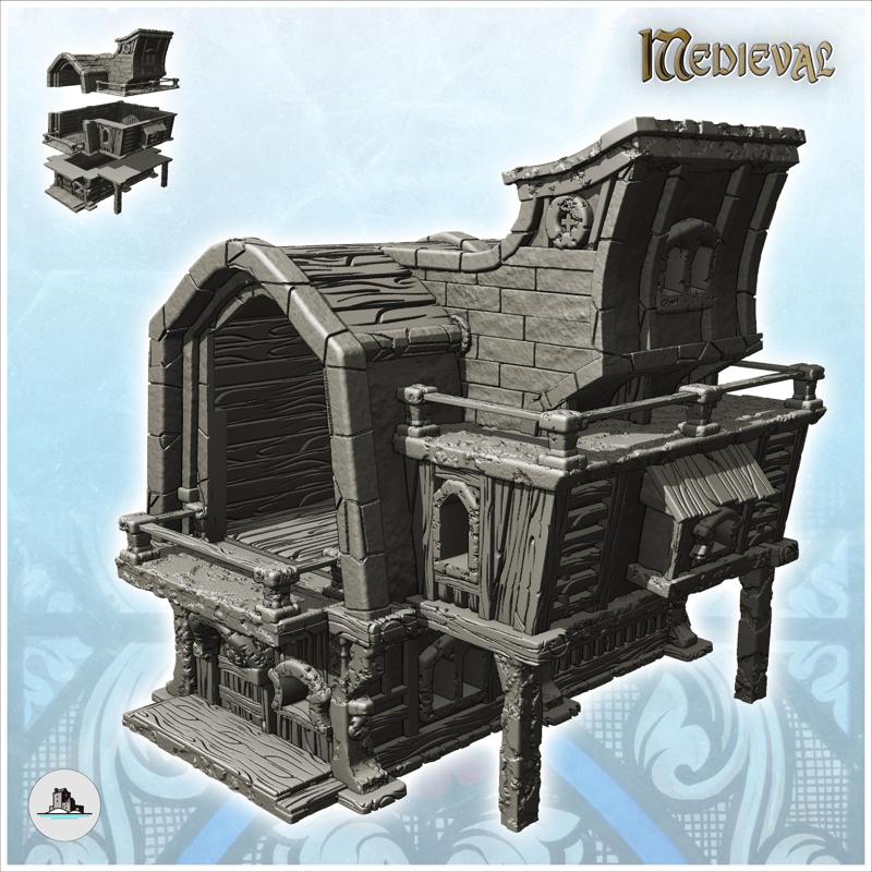 Medieval stone and wood building with large covered terrace and overhanging room (20) - Medieval Gothic Feudal Old Archaic Saga 28mm 15mm RPG