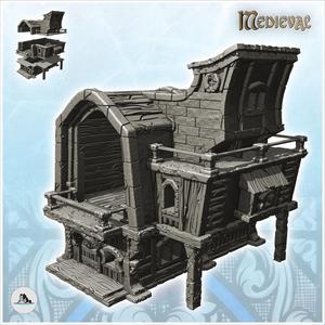 Medieval stone and wood building with large covered terrace and overhanging room (20) - Medieval Gothic Feudal Old Archaic Saga 28mm 15mm RPG