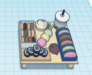 Food plate with donuts, sushi, macarons, dango, boba, and a cinnamon roll!:)