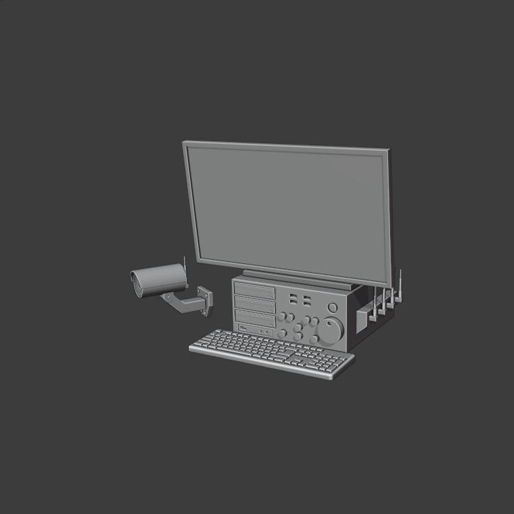 1:64 Scale CCTV Setup - Camera, Computer, Monitor, Keyboard