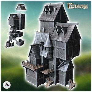Large medieval building with round tower, terrace and access stairs (4) - Medieval Gothic Feudal Old Archaic Saga 28mm 15mm RPG