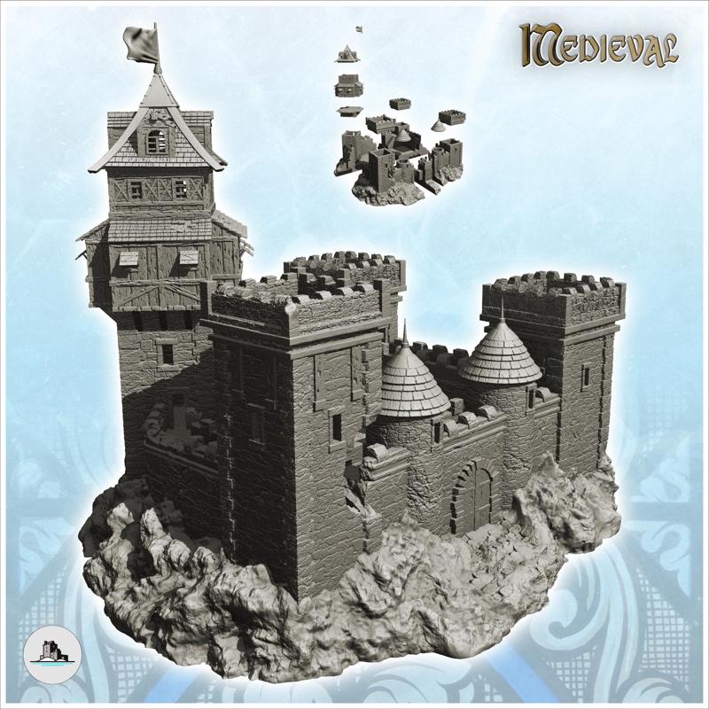 Large damaged castle with triple crenellated towers and wooden keep with flag (19) - Medieval Gothic Feudal Old Archaic Saga 28mm 15mm