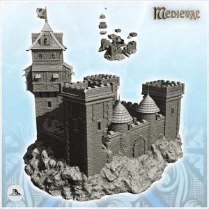 Large damaged castle with triple crenellated towers and wooden keep with flag (19) - Medieval Gothic Feudal Old Archaic Saga 28mm 15mm