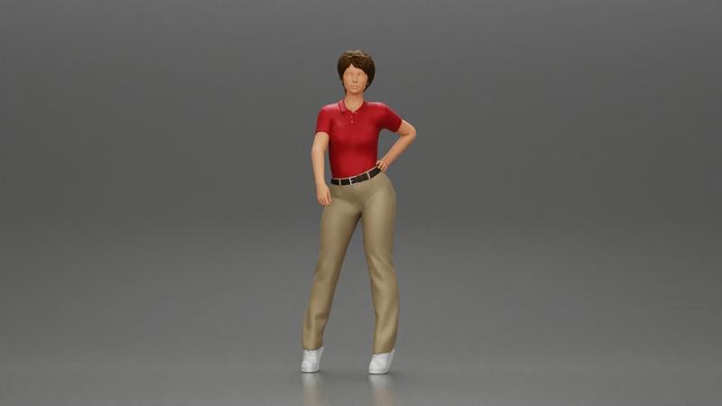 beautiful woman in polo shirt and pants with short hair