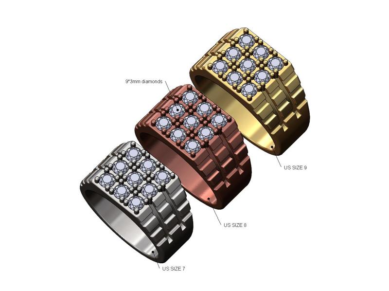 Square side engraved diamond signet ring US sizes 7 8 9 3D print model