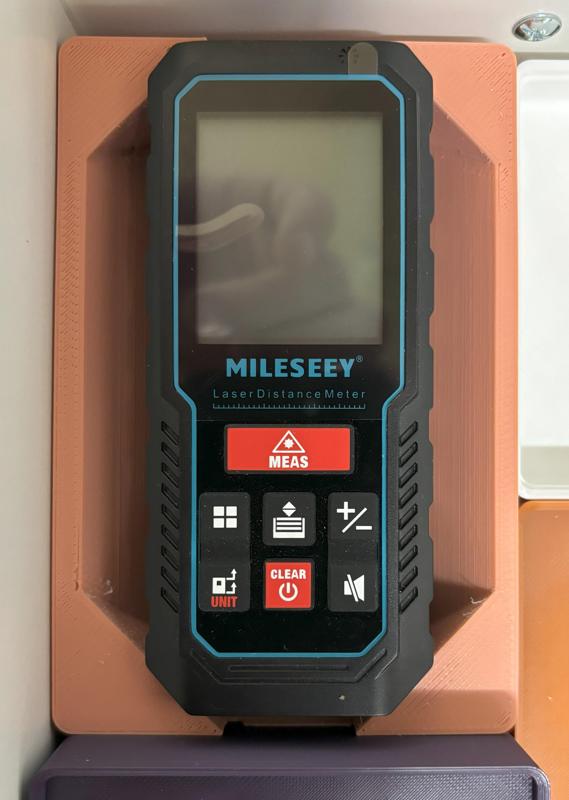 Gridfinity bin, laser measure, Mileseey d5