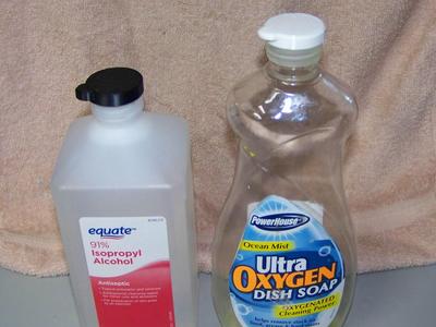 Bottle Easy Open Flip Top Lid, Equate Alcohol, Dish Detergent, other bottles.