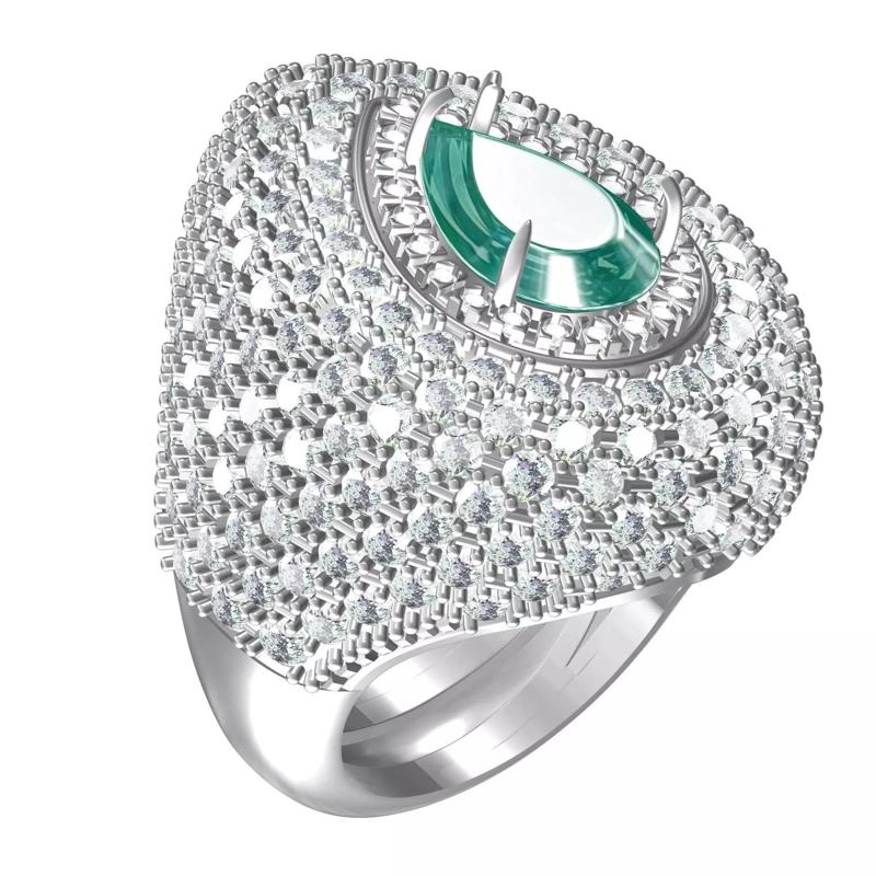 Natural Fine Green Pear Stone Puffed Dome Deco Ring