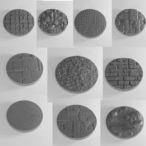 Set of 10 Miniature Bases – 25/32/40/50mm (Bricks, Dirt, Rocks) + SLA Pre-Supported