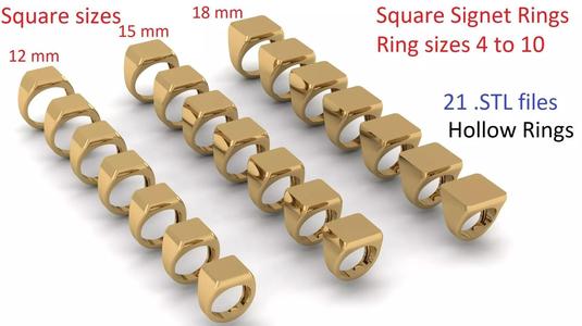 Signet Rings Square shape sizes 12 - 15 and 18 mm