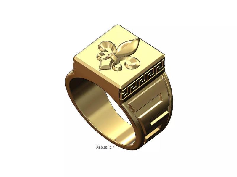 Heraldic lily greek key square signet US size 10