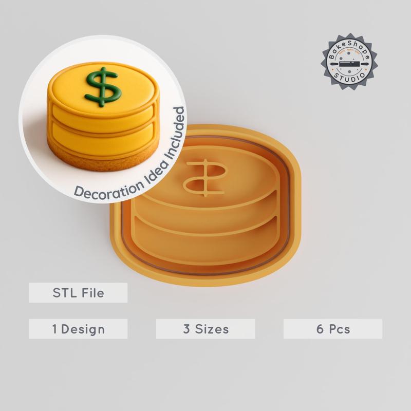 Dollar Shape Cookie Cutter & Stamp Set, Currency Pile Design, 6-Piece Collection, S/M/L Size Options