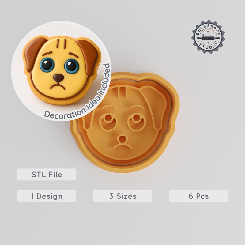 Sad Dog Cookie Cutter & Stamp Set, Animal Biscuit Molds for Fondant, 6 Pieces, Sizes S/M/L