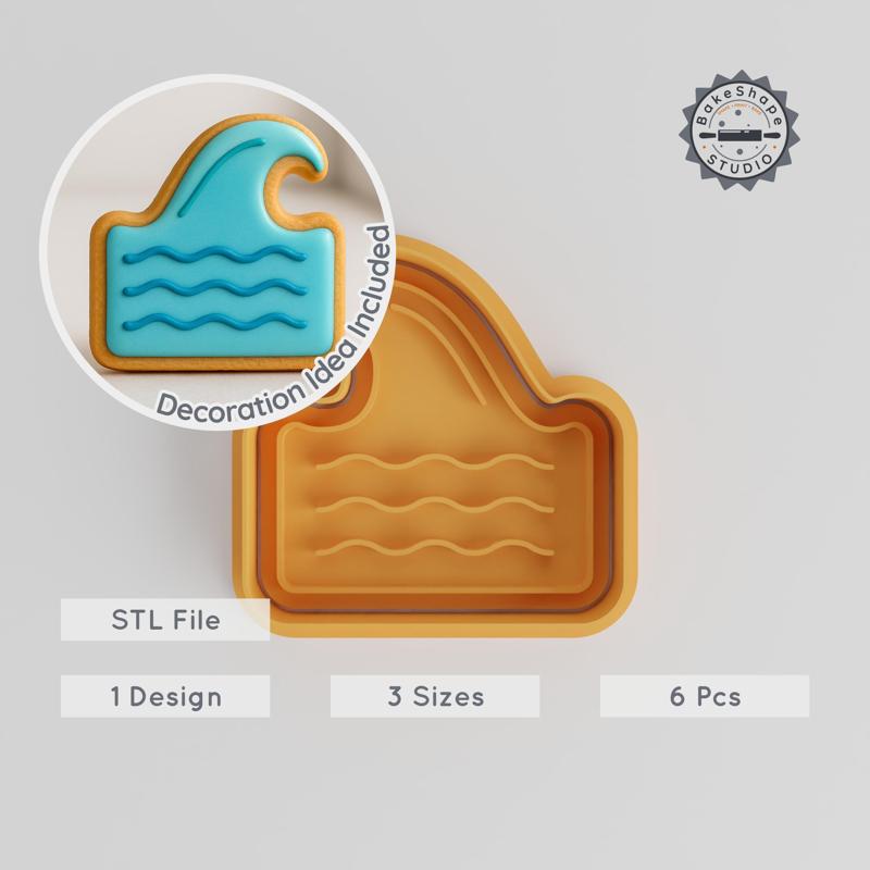 Wave Ocean Cookie Cutter & Stamp, Sea Wave, Nautical, Fondant Decoration Set, 3 Sizes, 6 Pieces