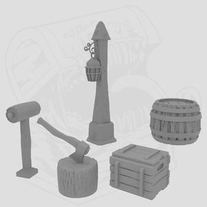 Medieval Props: Barrel, Crate, Letter Box, Splitting Block, Streetlight