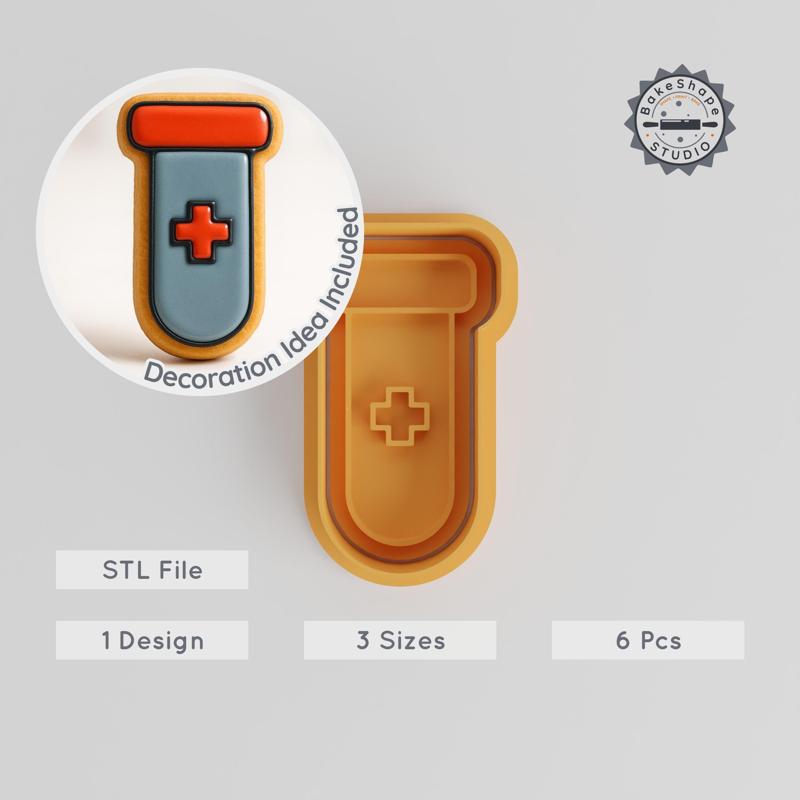 Test Tube Cookie & Fondant Cutter Stamp Set, Medical Science Lab Themed, 3 Sizes S/M/L, 6 Pieces for Baking Creativity