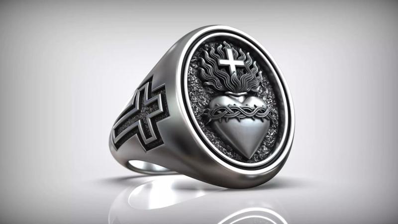 Jesus Sacred Heart Emblem Christian Symbol Cross Ring