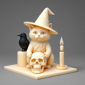 2331 Witch Cat with Skull, Raven, and Candlestick - Ivory-Style Figurine, magic, dragon, serpent, wood, gnome, gorgon, warrior, wild, fox, monster, cat, fair, witch, werewolf, horror, beast, snake, troll, skeleton dance