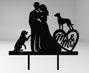 Wedding Cake Topper with Bride, Groom, and Their Dogs