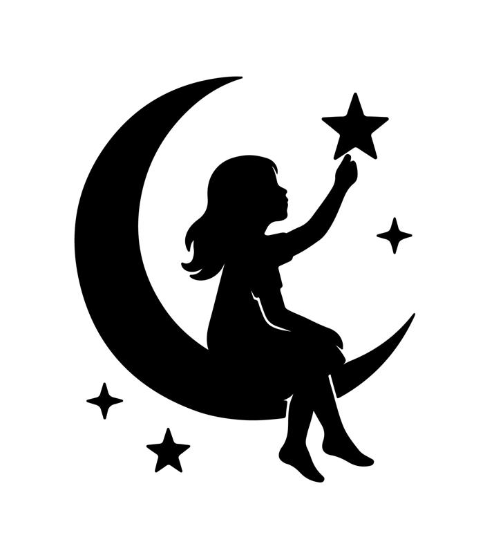 Girl Reaching for a Star on the Moon – Magical Silhouette Wall Tattoo for 3D Printing / Laser & Vinyl Cutting