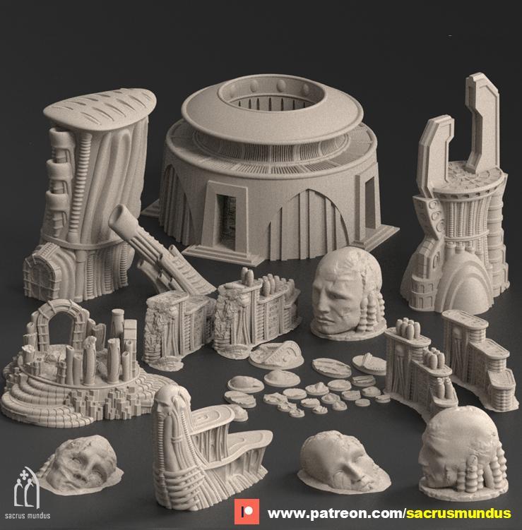 Oregia. Alien Sanctum. 3d Printing Designs Bundle. Alien / Xenomorph / Scifi Ruins. Terrain and Scenery for Wargames