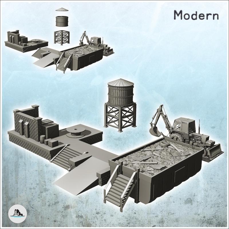 Set of industrial elements with tipper, dock, backhoe and water tank (8) - Modern WW2 WW1 World War Diaroma Wargaming RPG Mini Hobby