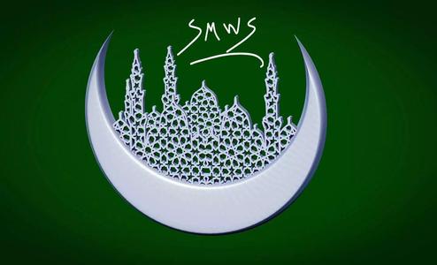 crescent with a background of mosques