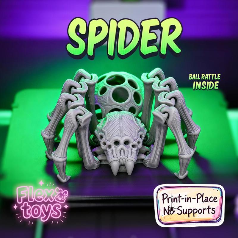 Flexi  Spider Skeleton Toy – 3D Printable Rattle Ball Inside | Print-in-Place, No Supports