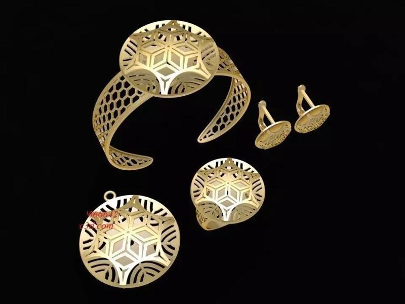 3D Jewelry Set Hexagon Geometric Ring Earrings Bracelet Pen 2128