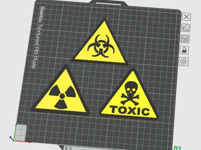 Radiation Sign, Biohazard Sign, Toxic Sign.