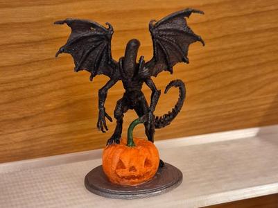 Xenomorph with Bat Wings on a Pumpkin – Halloween