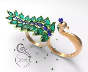 Peacock peafowl ring two fingers dual