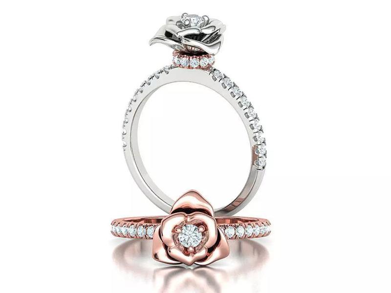 Solitaire Ring Rose Flower Engagement Ring 3mm gem