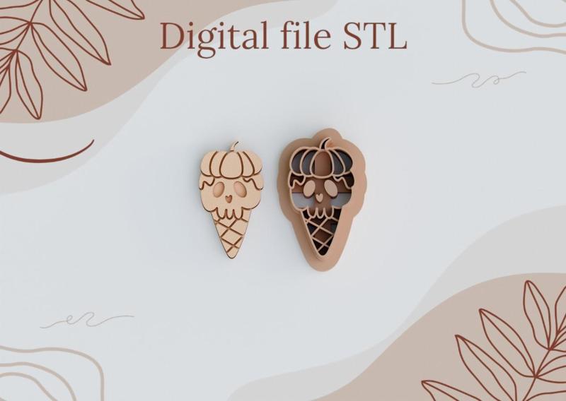STL Digital Files for Polymer Clay Cutter 3D Printable Cookie Cutter Craft Tools Instant Download Earring cutter Skull Ice-cream Halloweens