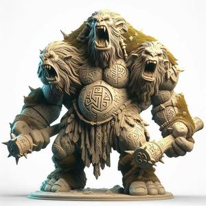 108 Three-Headed Troll - 3D-Printed Fantasy Statue with Club, character, monster, fantasy, art, sculpture, model, animal, 3d model, statue, creature, magic, 3d print, collectible, cat, wood, dragon, sword, base, warrior